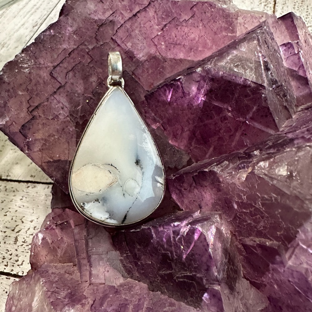 Dendritic Opal Teardrop Sterling Silver Plated Pendant white black cream agate